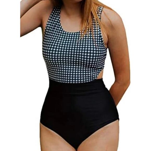 Albion Castaway One-Piece Swimsuit Racerback UPF 45 Zip Gingham Black L - Picture 1 of 5